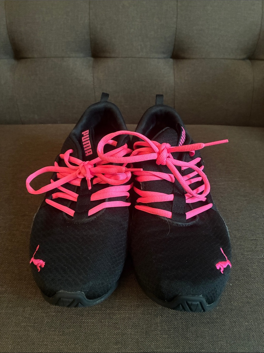 Puma Black Women's Athletic Shoes with Neon Pink Laces and Logos